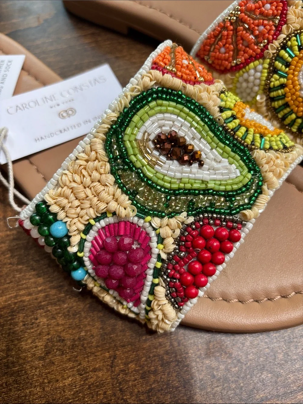 Caroline Constas Tan Slide Sandals with Multicolor Beaded Fruit Motif